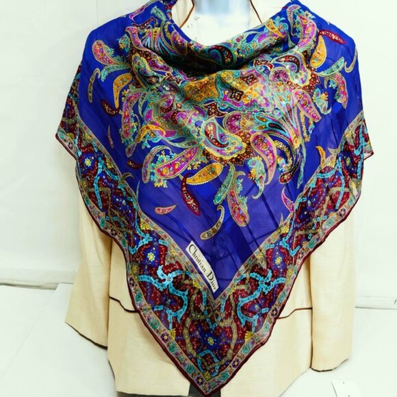 Unused Christian Dior Soft 00% Silk Scarf Chiffon & Satin Paisley Floral 31" (21 - Picture 4 of 7